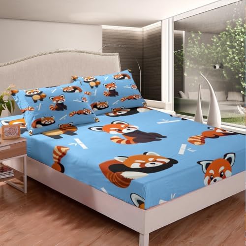 Erosebridal Red Panda Sheet Set Kawaii Fitted Sheet Full Size Cute Animal Pattern Flat Sheet for Kids Boys Girls Cartoon Panda Printed Bed Sheet Set Wildlife Style Top Sheet Child Bedroom Decor Blue - Image 3
