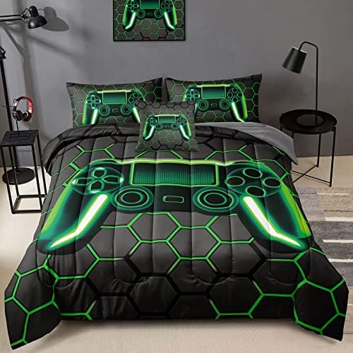 BDUCOK 6 Piece Gamer Comforter Sets Bed in A Bag for Boys Teen Kids,Honeycomb Gaming Bedding Sets Gamepad Comforter Microfiber Bed Set for All Season Gamer Home Decor(Green, 6 Piece Sets30021-Queen) by BDUCOK