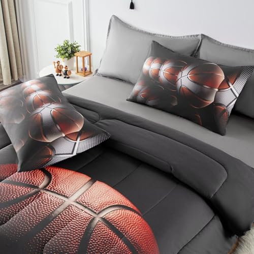 Teens Boys Sports Comforter Set Queen,Basketball Bedding Set for Kids,Sports Orange Basketball Comforter Sets,Black Teenage Boy Bedroom Bed Set 3 Pieces with Pillowcases - Image 5