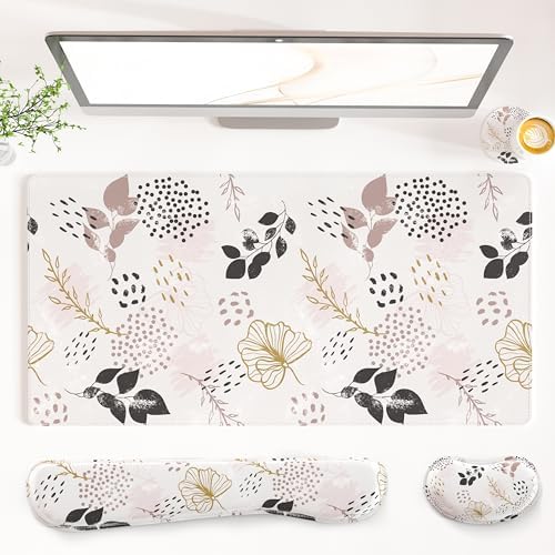 QiyI PU Leather Desk Mat Set, 4-in-1 Ergonomic Wrist Rest, Botanical Leaf by QIYI