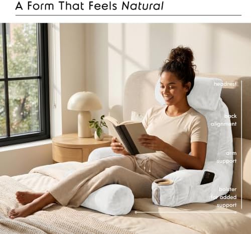 Nestl Reading Pillow for Bed, Back Pillow for Sitting Up in Bed, White | 22” Backrest Pillow Includes Neck & Lumber Pillow, Adjustable Shredded Memory Foam Fill, OEKO-TEX, Dorm Essentials for Adults - Image 2