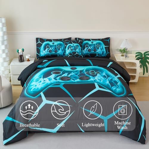 Boys Gamer Comforter Set Full Size Gaming Bedding Set with Sheets 6 Pieces Video Games Bed in A Bag Black Aqua Game Bed Sets for Kids Teens(Aqua, Full) - Image 2