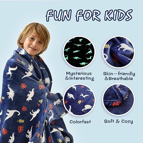 SOCHOW Glow in The Dark Dinosaur Throw Blanket 60 x 80 Inches, Navy Blue - Image 3
