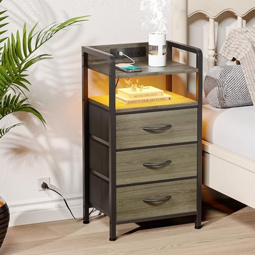 Lazzanto Nightstand with Rear Charging Station, LED Light, 3 Drawers, Grey - Image 2