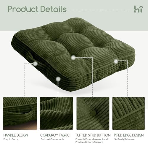 HIGOGOGO Floor Pillow Cushion for Adults, Meditation Cushion Pillow, Large Square Floor Sitting, Tufted Corduroy Cover, for Tatami Living Room or Yoga, Dark Green - Image 3