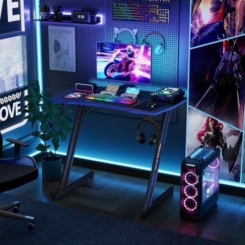 BestOffice Gaming Desk 35 in PC Computer Desk Z Shaped Gaming Workstation Ergonomic Gaming Table with Headphone Hook for Home Office,Black&Blue - Image 2