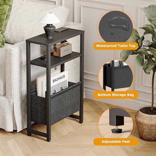 Narrow Side Table, Slim End Table with Magazine Rack, Skinny Bedside Table for Small Spaces, 3 Tier Sofa Couch Table Nightstand for Living Room, Bedroom, Black LET503B - Image 4