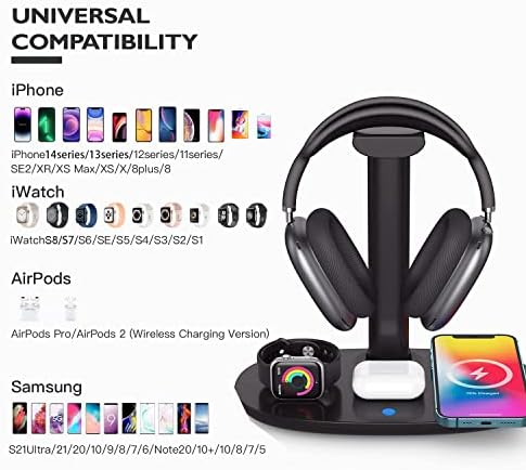 Headphone Stand with 15w Wireless Charger, Suguder 4 in 1 Charging Station Headset Holder for AirPods Max/Pro/4/3/2 iWatch 10/9/8/7/6/5/4/3/2/1/SE iPhone 17/16/15/14/13/12/11/X for Desktop Table Game - Image 2