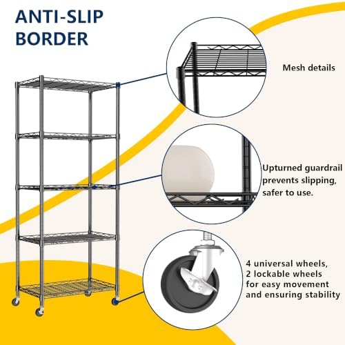REGILLER 5-Wire Shelving Metal Storage Rack Adjustable Shelves,Standing Storage Shelf Units for Laundry Bathroom Kitchen Pantry Closet(Black,11.8" D x 21.2" W x 55" H,With Wheels) - Image 4