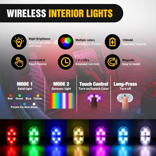 Nilight 2 PCS 7 Colors Wireless Magnetic RGB LED Interior Lights - Image 3