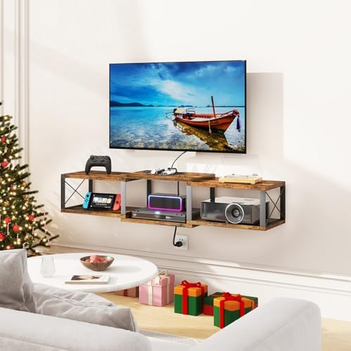 IBUYKE Floating TV Stand with Power Outlet,Wall-Mounted Floating Stand for TVs up to 55",Metal Entertainment Center,Wall Mounted TV Shelf with Storage for Living Room Bedroom,Rustic Brown UWST011H - Image 3