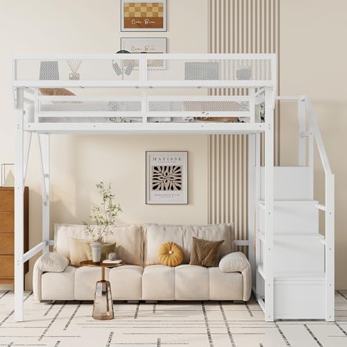 KEIKI Full Size Metal Loft Bed Frame with Convertible Staircase, Built-in Storage Shelves and Wardrobe, Loft Bed with Solid Slats, Guardrail, No Box Spring Required, Easy Assembly, for Bedroom, White - Image 3