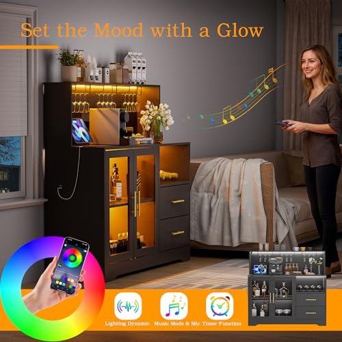 Home Bar Cabinet with Adjustable RGB LED Light, Wine & Coffee Storage with Rack & Drawers, Charging Station, Modern Liquor Cabinet for Living & Dining Room, All-in-One Wine Bar Cabinet (Black) - Image 6