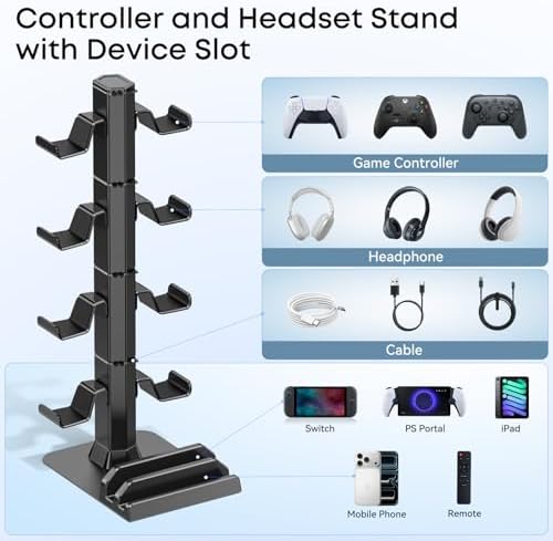 Headphone and Game Controller Desk Stand for PS5/ Xbox/ PS4 Controller, 4 Tiers Headset Hanger with Organizer for Switch 2/1/PS Portal Game Console, Multiple Controller Storage Dispay Rack- 8 Hooks - Image 2