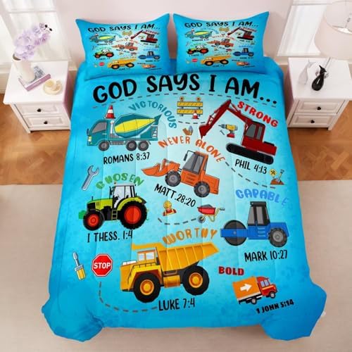 Boys Construction Vehicles Truck Comforter Set Full,Christian Kids God Says I Am Construction Bedding Set,Car Excavator Tractor Bedroom Set（1 Comforter 2 Pillowcase） Blue - Image 4