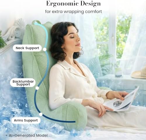 Adjustable Firmness Waffle Support Cooling Reading Pillow, Sage Green, 25" - Image 4
