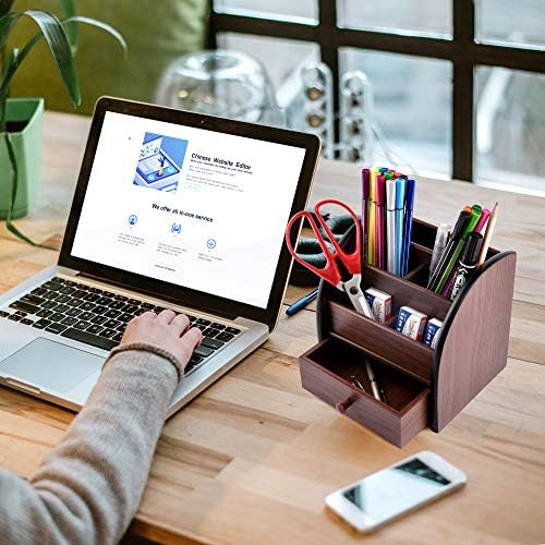 Siveit Wooden Desktop Organizer with Drawer, Multifunctional Office Supply Storage - Remote Control Caddy Holder - Image 2