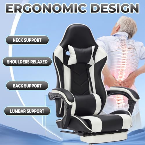Leather Ergonomic Gaming Chair with Footrest, Comfy Massage Gaming Chair with Comfortable Headrest & Lumbar Support for Adults Kids Women Men Boys, 300 LBS Capacity (Black+White) - Image 4