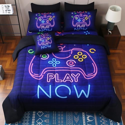 JQinHome Twin Gamer Comforter Set 6 Piece Bed in A Bag for Boys,3D Neon Light Up Design for Classic Console -All Season Soft Microfiber Down Alternative Comforter Gamer Bedding Sets for Kids (Purple) by JQinHome