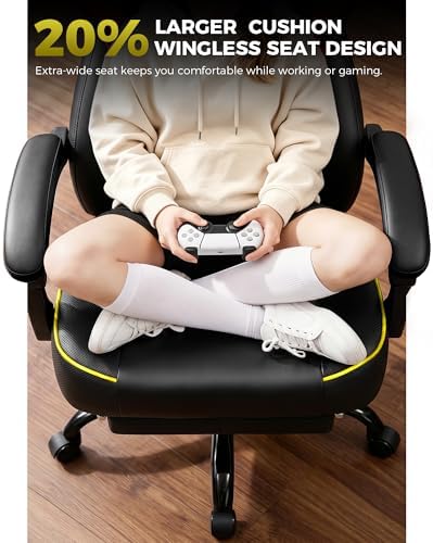 GTPLAYER Big and Tall Gaming Chair with Footrest, High Back Ergonomic Office Chair for Adults, Heavy Duty 350 lbs Capacity, Premium Leather & Iridescent Trim, ACE-Armor, Yellow - Image 4