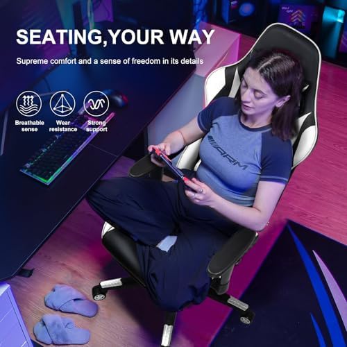 GTPLAYER Gaming Chair with Footrest, Ergonomic Computer Game Desk Chair, Reclining Game Chair Seat Height Adjustment, Swivel Rocker with Headrest and Lumbar (White) - Image 4