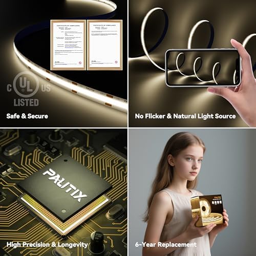 PAUTIX COB LED Strip Lights,UL Listed Dotless LED Lights with RF Remote,32.8ft Natural White 4000K Super Bright Dimmable 24V Flexible LED Tape Light,Kitchen Cabinet,Office,Stairs,Shelf Indoor Lighting - Image 5