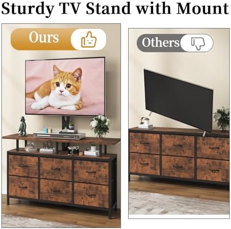 Rustic Brown TV Stand with Mount for 32/45/55/60/65/75 inch TVs, Entertainment Center with 6 Fabric Drawers & Open Shelf, TV Media Console for Living Room, Bedroom - Image 5