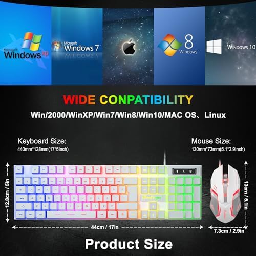 BlueFinger RGB Gaming Keyboard and Backlit Mouse Combo, USB Wired, LED Gaming Set for Laptop PC Computer Game and Work(White) - Image 7