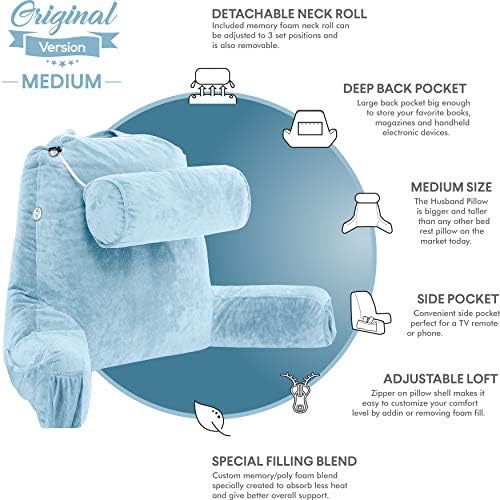 Husband Pillow Medium Reading Pillow with Arms - 23" Backrest for Sitting Up in Bed - Firm Support Bed Rest Pillow for Adults, Neck Roll, Removable Cover - TV, Reading, Lounging - Sky Blue - Image 5