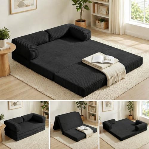 Convertible Sofa Bed Queen,5-in-1 Tri-Fold Boneless Couch with Removable Armrests & Handle,Corduroy Futon Sleeper Sofa,Floor Folding Mattress Pull Out Bed for Small Space Living Room Bedroom,Black by NLDDTrailblazersTreasures