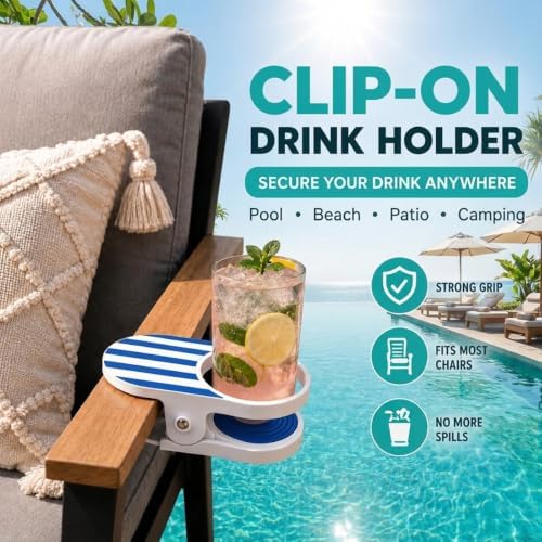 Clip On Cup Holder for Beach Chair, Portable Drink Clamp Attachments Fits Zero Gravity, Adirondack, Desk, Pool Lounger, Cruise - Holds Coffee Mugs, Water Bottles, Cans，Coloful - Image 5