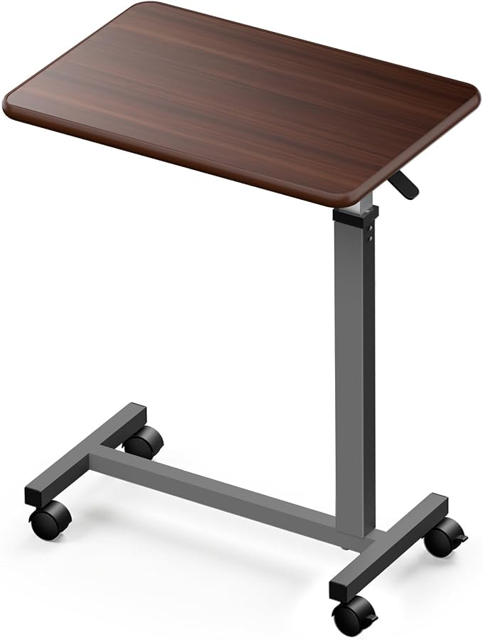 WOTURE Pneumatic Adjustable Overbed Bedside Table with Wheels - Hospital & Home Use, Medical Bed Table, Mobile Standing Desk, Rolling Laptop Cart, Non Tilt Surface(23.6" L x 15.7" W, Walnut) by WOTURE