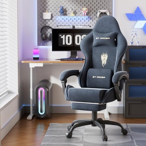 Ferghana Velvet Fabric Gaming Chair, High Back Ergonomic Gamer Chair for Adult, Comfortable Video Game Chair with Footrest and Massage Lumbar Cushion, Racing Reclining Office Computer Desk Chair Grey - Image 2