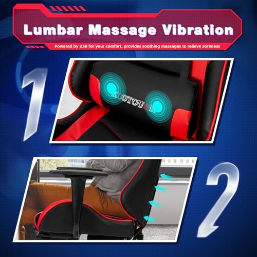 ECOTOUGE Red Ergonomic PC Massage Gaming Chair with Footrest | Reclining Racing PU Leather, Swivel Rocker, Headrest, Lumbar Pillow, Office Desk Chair, Adjustable Height, Sturdy Base - Image 5