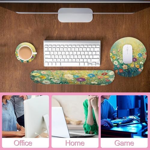 Flower Daisy Poppy Floral Keyboard Wrist Rest Pad Mouse Pad Set,Ergonomic Mousepad Wrist Support Memory Foam Desk Pad for Gaming Office,Non-Slip Rubber Base Easy Typing for Home Office Computers - Image 6