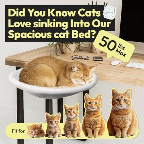 Adjustable Cat Desk Bed, Sunken Design Cat Hammock, Supports Up to 50 lbs, Sturdy Metal Frame with Secure Clamp, Removable Faux Rabbit Plush Cover, Perfect for Home or Gaming Desk (White, XL) - Image 2