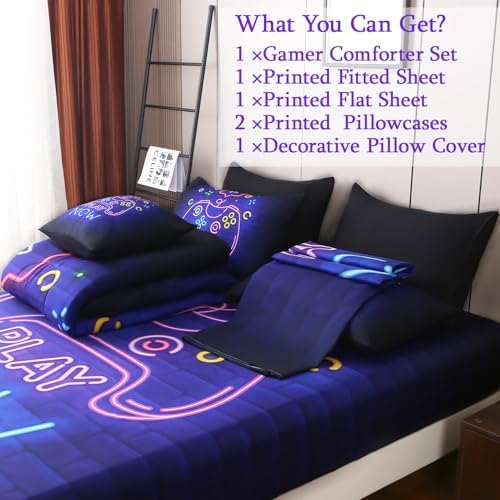 JQinHome Twin Gamer Comforter Set 6 Piece Bed in A Bag for Boys,3D Neon Light Up Design for Classic Console -All Season Soft Microfiber Down Alternative Comforter Gamer Bedding Sets for Kids (Purple) - Image 5