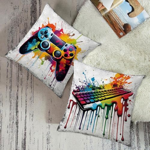 Gaming Pillow Cover for Boys Room Graffiti Game Throw Pillow Cover Sofa Couch Decor 18x18 Set of 4 Teen Video Gamepad Headphones Decorative Cushion Cases Playroom Outdoor Patio Furniture Decoration - Image 4