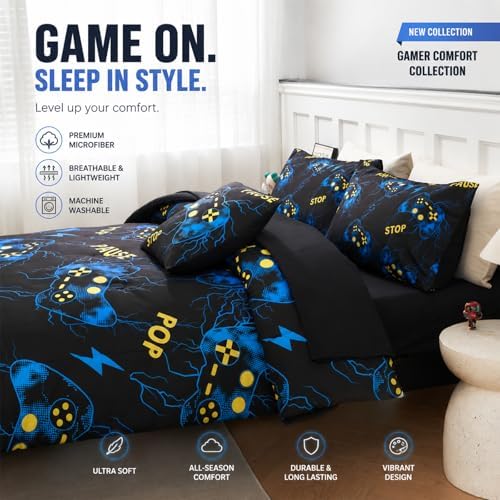 ZRNBAST 6-Piece Bed in A Bag Gamer Bedding Sets Full Size Blue Lightnings Gaming Comforter Set for Boys Teens Soft Lightweight Video Game Room Decor Home Quilt Set(Blue,Full) - Image 3