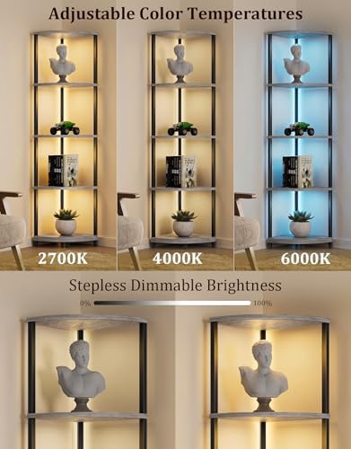 Corner Shelf with LED Light, 5 Tier Smart Color Changing Floor Lamp with Remote, 62" Display Shelf Bookshelf Narrow Storage Rack Standing Lamp for Living Room Bedroom Home Office Decor, Grey - Image 4