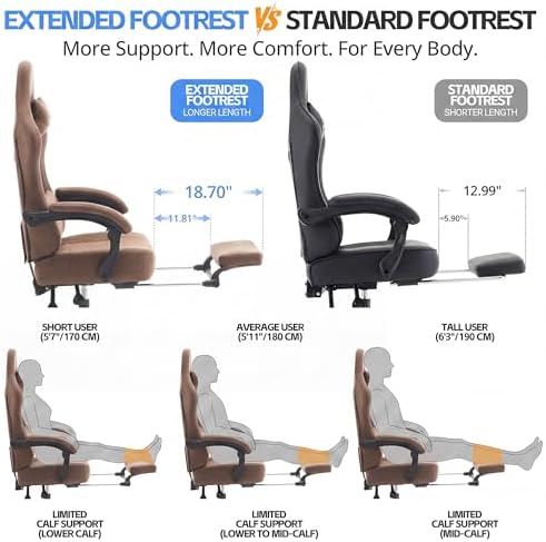 Gaming Chair Breathable Leather with Pocket Spring Cushion, Wide and High Ergonomic Office Chair with Headrest, Computer Gaming Chair with Footrest for Adult and Teen (Brown Leather) - Image 4