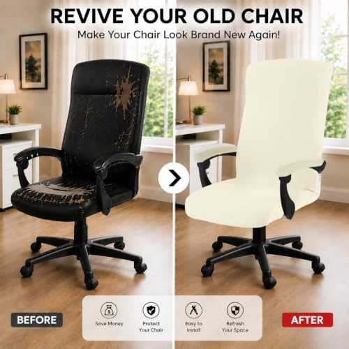 DIVA EN CAMINO DEC Stretch Computer Office Chair Cover with Armrest Covers Durable Zipper Universal Spandex Rotating Boss Chair Slipcovers Anti-dust Soft Desk Chair Seat Protector, Cream - Image 2