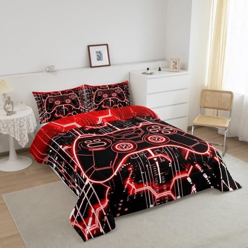 Feelyou Kids Red Gamer Comforter Set Full Size, Honeycomb Gaming Comforter Boys Girls Modern Game Console Bedding Set Gamepad Teens Duvet Set Bedroom Decor Microfiber Bed Set - Image 3