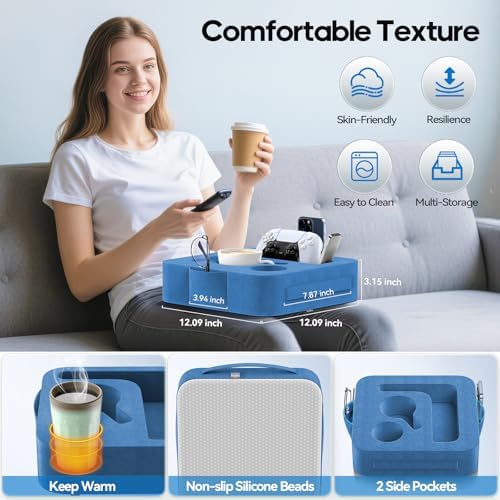 Couch Cup Holder Pillow, Sofa and Bed Organizer Caddy for iPad, Kindle, Switch, Game Controller, Remotes, Phones, Small-Sized Cup & Drink Holder for Couch, Bed, Desk, Car, Desk, Beach, Blue - Image 5