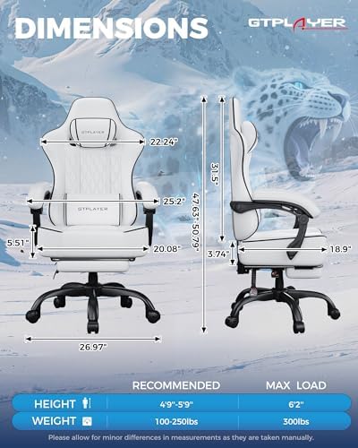 GTPLAYER Big and Tall Gaming Chair with Footrest, Ergonomic Office Desk Chair with 4.4in Thick Cushion and Wide Wingless Seat, Comfortable Leather Computer Chair, Predator Series, White - Image 2