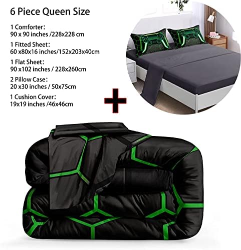 BDUCOK 6 Piece Gamer Comforter Sets Bed in A Bag for Boys Teen Kids,Honeycomb Gaming Bedding Sets Gamepad Comforter Microfiber Bed Set for All Season Gamer Home Decor(Green, 6 Piece Sets30021-Queen) - Image 3