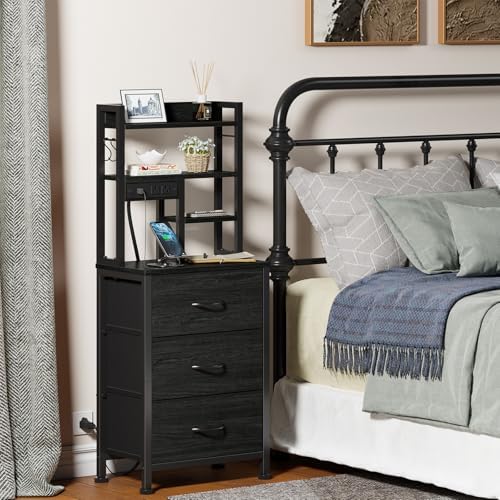 Furnulem Black Nightstands Set of 2, Tall Night Stand with Charger Station - Image 6
