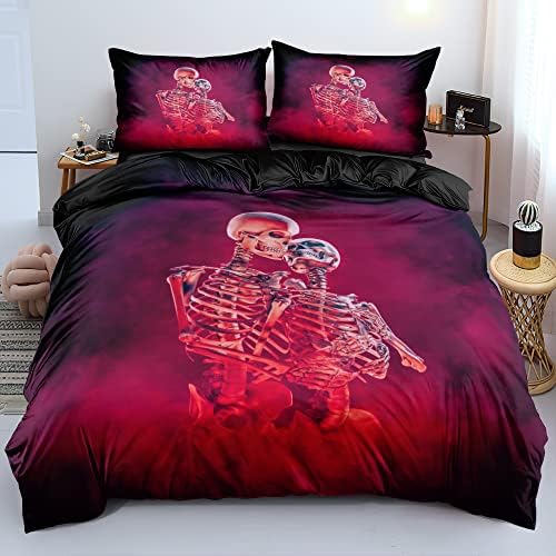 3D Skull Lover Pattren Duvet Cover Set Twin Size Red Smoke Background Bedding Set Halloween Comforter Cover Cool Bedroom Decor by Holiyjog