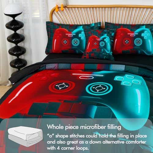 PERFEMET 6 Pieces Boys Bedding Set Full Red and Teal Game Kids Bed in A Bag - Image 6