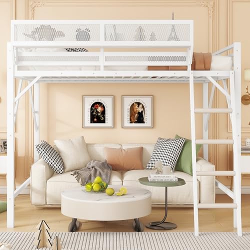 KEIKI Full Size Metal Loft Bed Frame with Ladder and Built-in Storage Shelves, for Teens, Modern Style Loft Bed with Solid Slats, Guardrail, No Box Spring Required, Easy Assembly, for Bedroom, White - Image 4